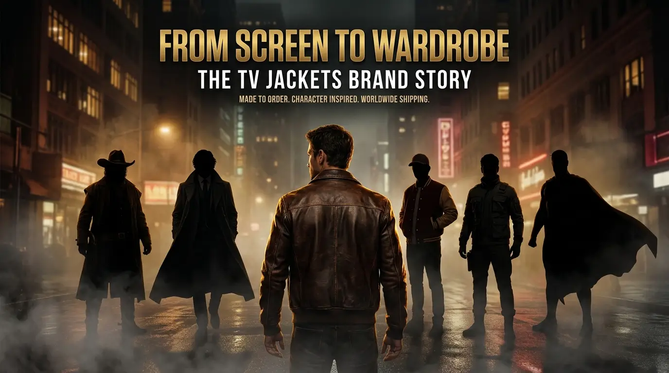 TV Jackets brand story banner showing leather jacket figure with character silhouettes on a foggy cinematic urban street at night