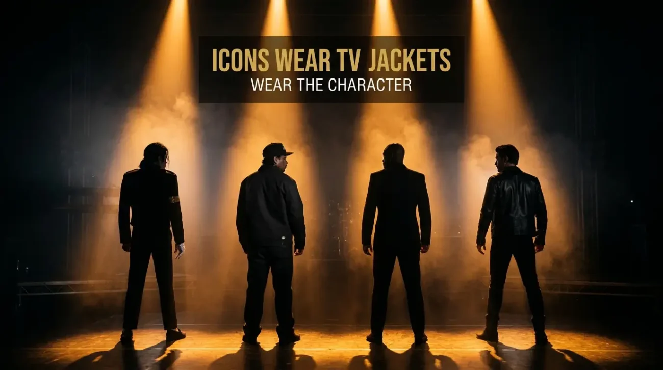 Four iconic celebrity jacket silhouettes on a spotlight stage representing TV Jackets pop culture collection including music legends and cinematic style icons