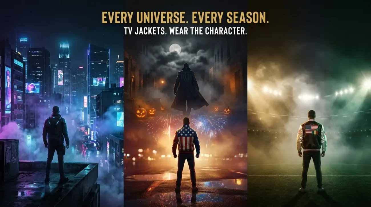 Three zone cinematic banner showing cyberpunk gaming figure, Halloween and patriotic seasonal figures, and stadium sporting figure representing TV Jackets gaming anime and seasonal collections