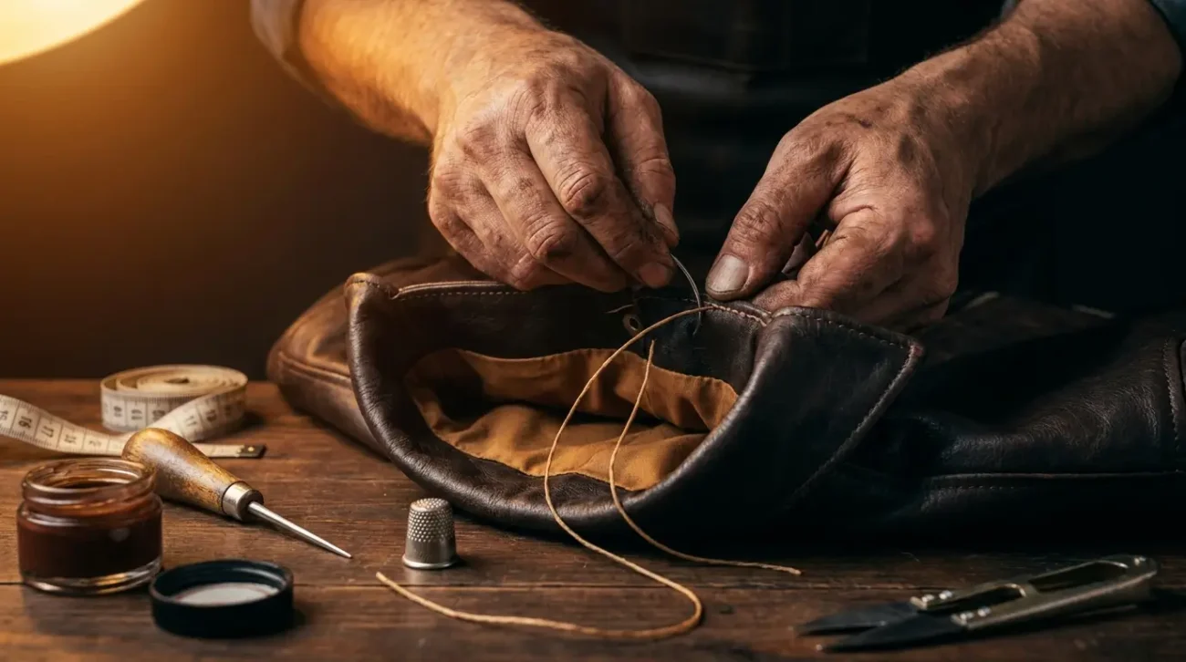 Craftsman hands hand-stitching a premium dark leather jacket collar on a wooden workshop bench with leather tools under warm amber lighting