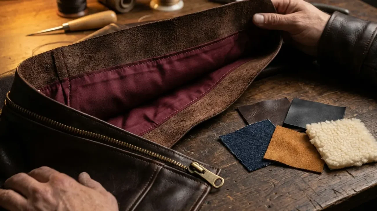 TV Jackets jacket interior showing viscose lining, brass zipper and leather edge with material swatches on a dark workshop bench