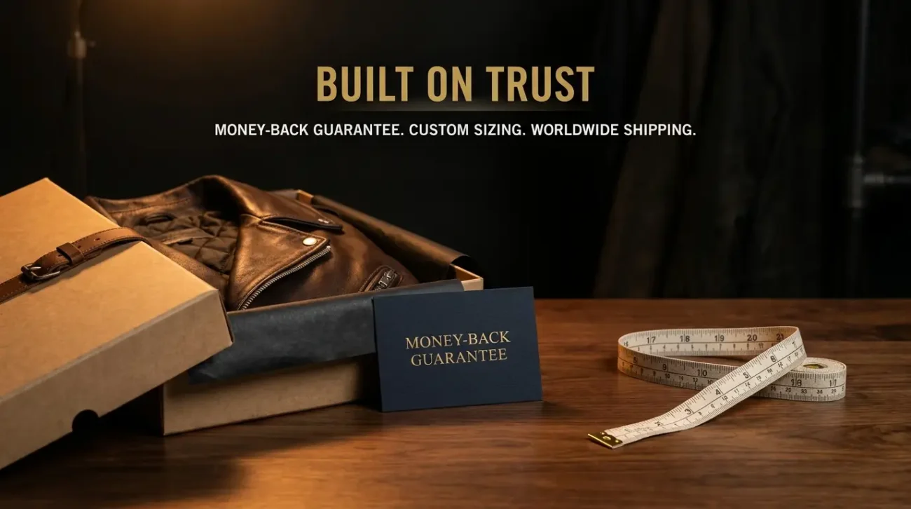 TV Jackets trust: packaged leather jacket, money-back guarantee card and measuring tape for custom sizing on a dark premium surface