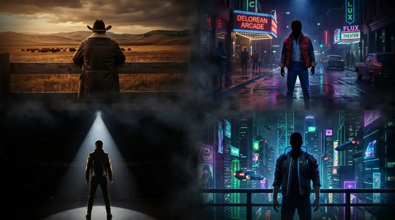 Four cinematic scenes representing TV Jackets franchise universes covering western TV, retro cinema, celebrity spotlight and cyberpunk gaming