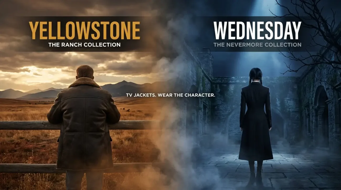 Yellowstone shearling coat and Wednesday black coat figures representing TV Jackets television and streaming outerwear