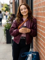 Below Ruby Stokes Maroon Leather Jacket Front Look