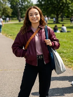 Below Ruby Stokes Maroon Leather Jacket Front View
