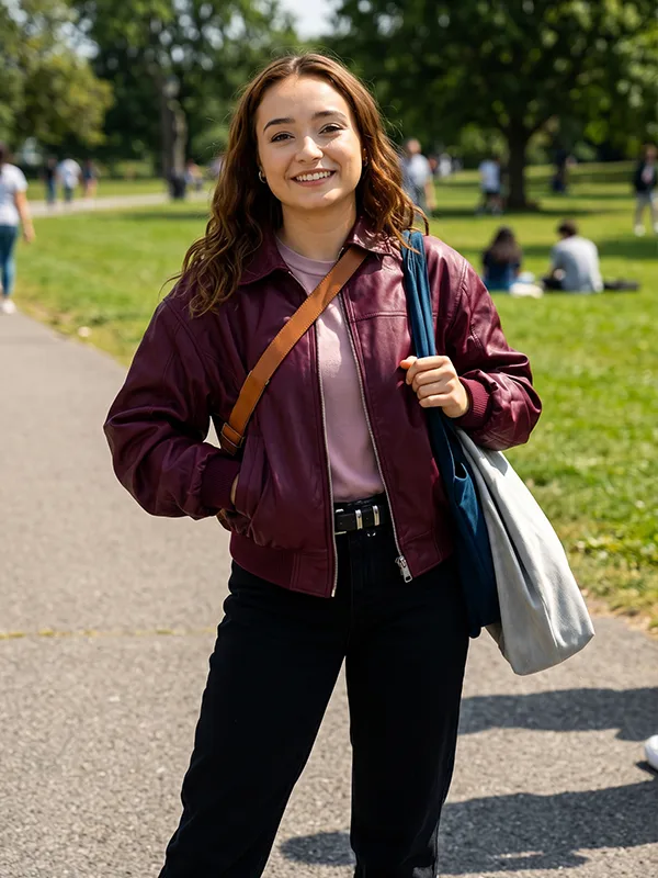 Below Ruby Stokes Maroon Leather Jacket Front View Below Ruby Stokes Maroon Leather Jacket Front View