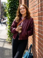 Below Ruby Stokes Maroon Leather Jacket View Look