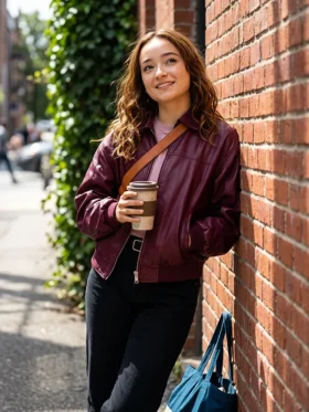 Below Ruby Stokes Maroon Leather Jacket View Look