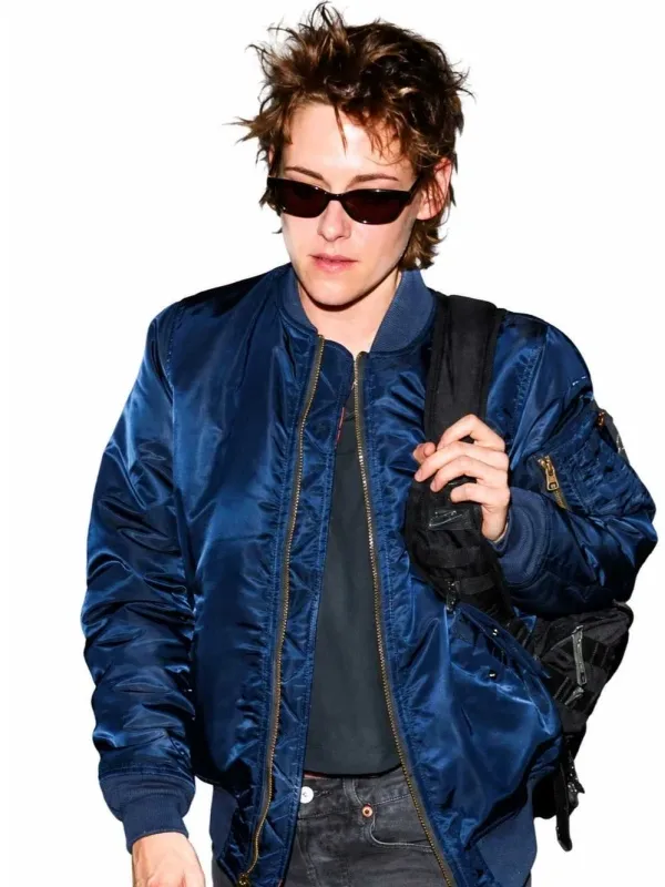 Kristen Stewart Navy Blue Bomber Jacket Close-Up View Kristen Stewart Navy Blue Bomber Jacket Close-Up View