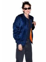Kristen Stewart Navy Blue Bomber Jacket View Look