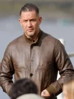 Mobland Tom Hardy Brown Leather Jacket Close-Up View