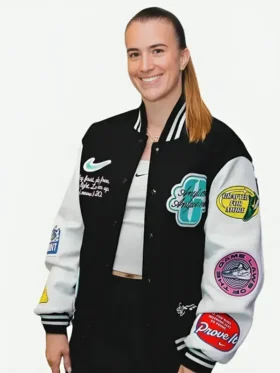 Sabrina Ionescu Any Time Any Where Varsity Jacket Front Look