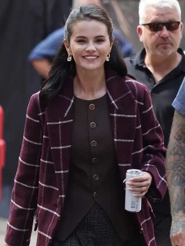 Selena Gomez Only Murders In the Building Burgundy Wool Coat Close_up View Selena Gomez Only Murders In the Building Burgundy Wool Coat Close_up View